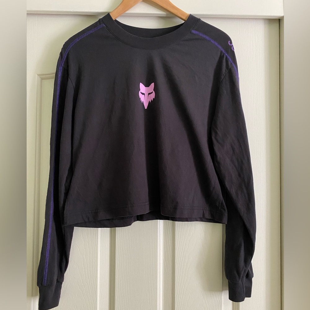 Fox Black Cropped Long Sleeve Tee with Pink Fox Logo and Purple Stitching
